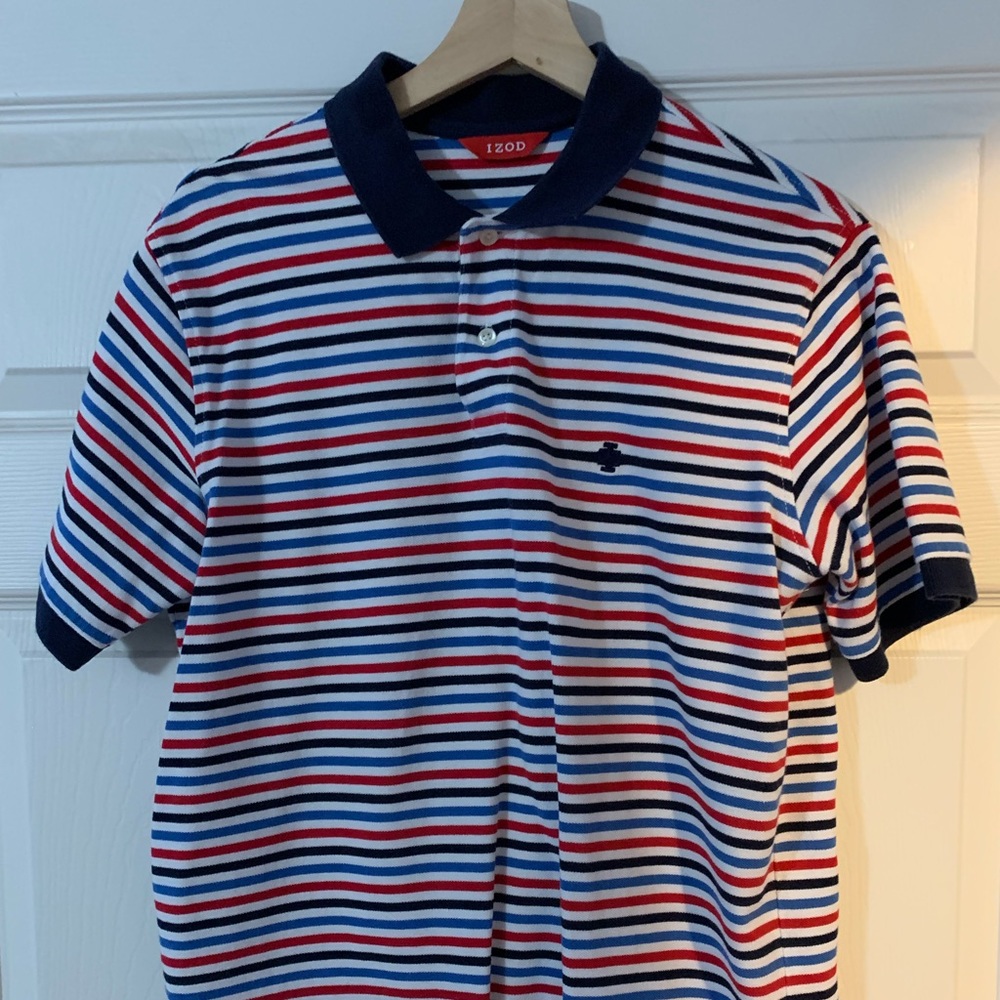 Izod polo red/white/blue stripe short sleeve medium.